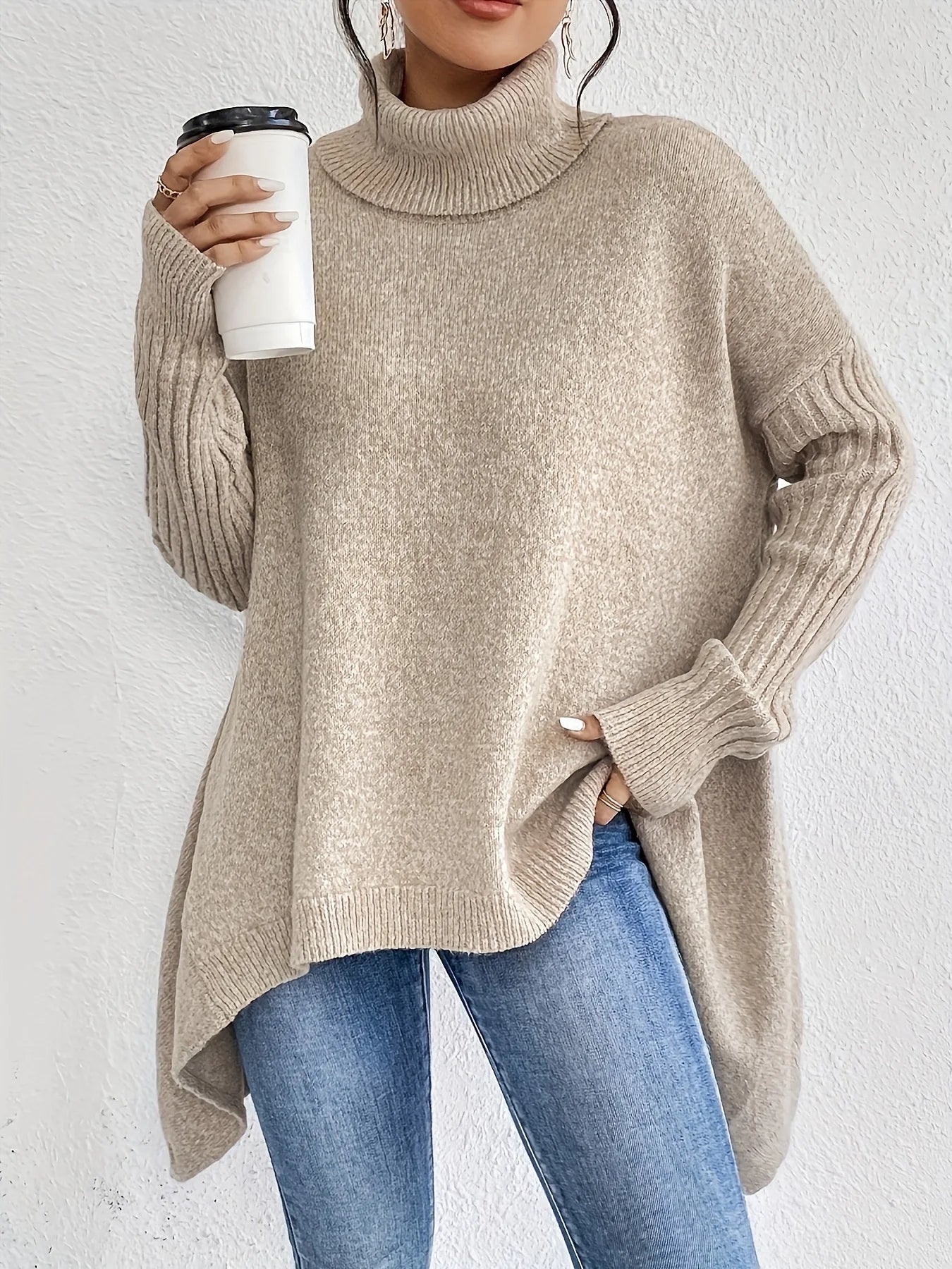 Isla Oversized Turtleneck Sweater | Tunic Length Solid Wool Sweater