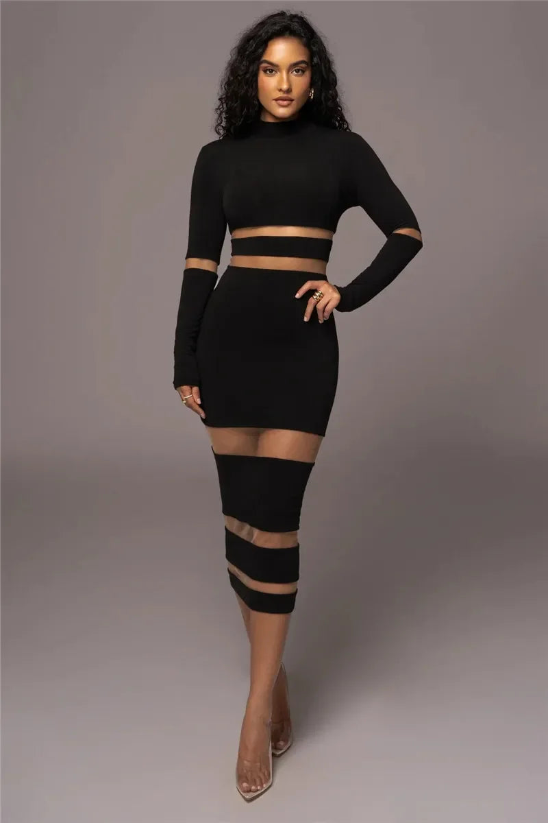 Women’s Midi Dress – Bodycon Fit – Long Sleeve – High Neck – Sheer Cut-Out Detail