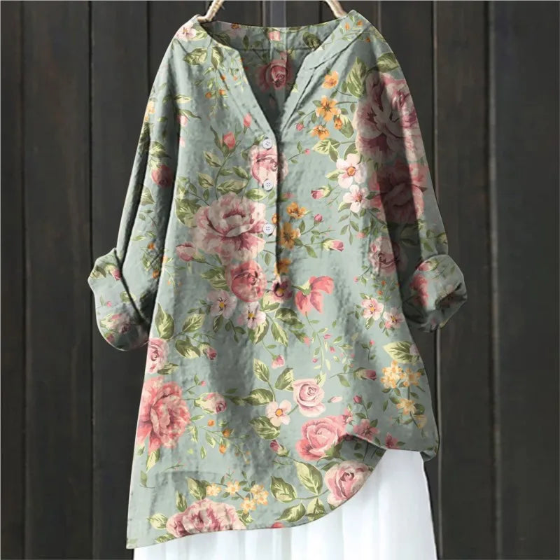 Women's Tunic Blouse - Cotton Blend - Relaxed Flowing Silhouette - Bold Floral Print