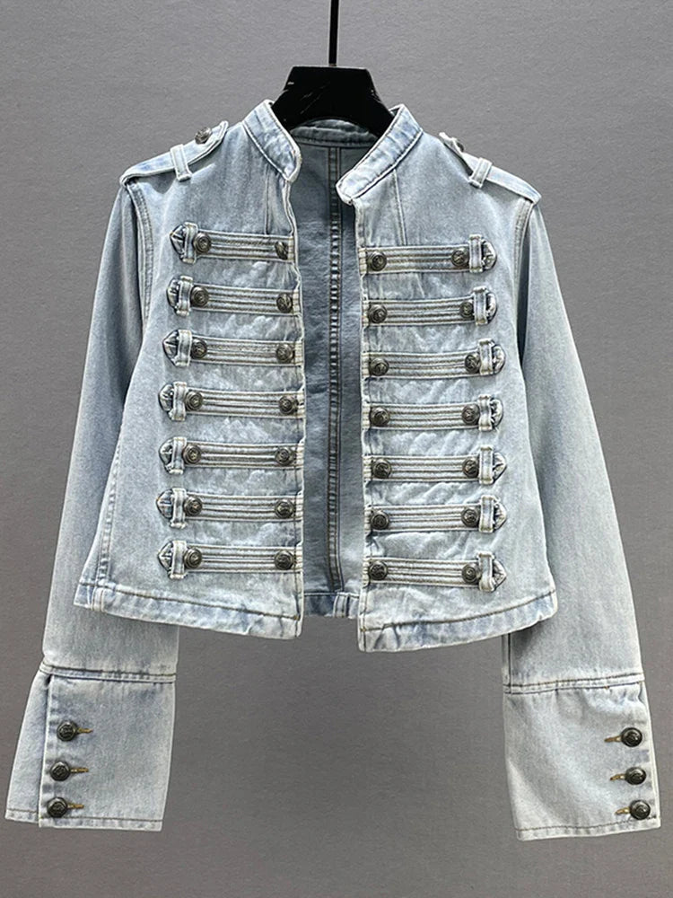 Women’s Denim Jacket – Cropped Fit – Military Style – Double-Breasted Buttons