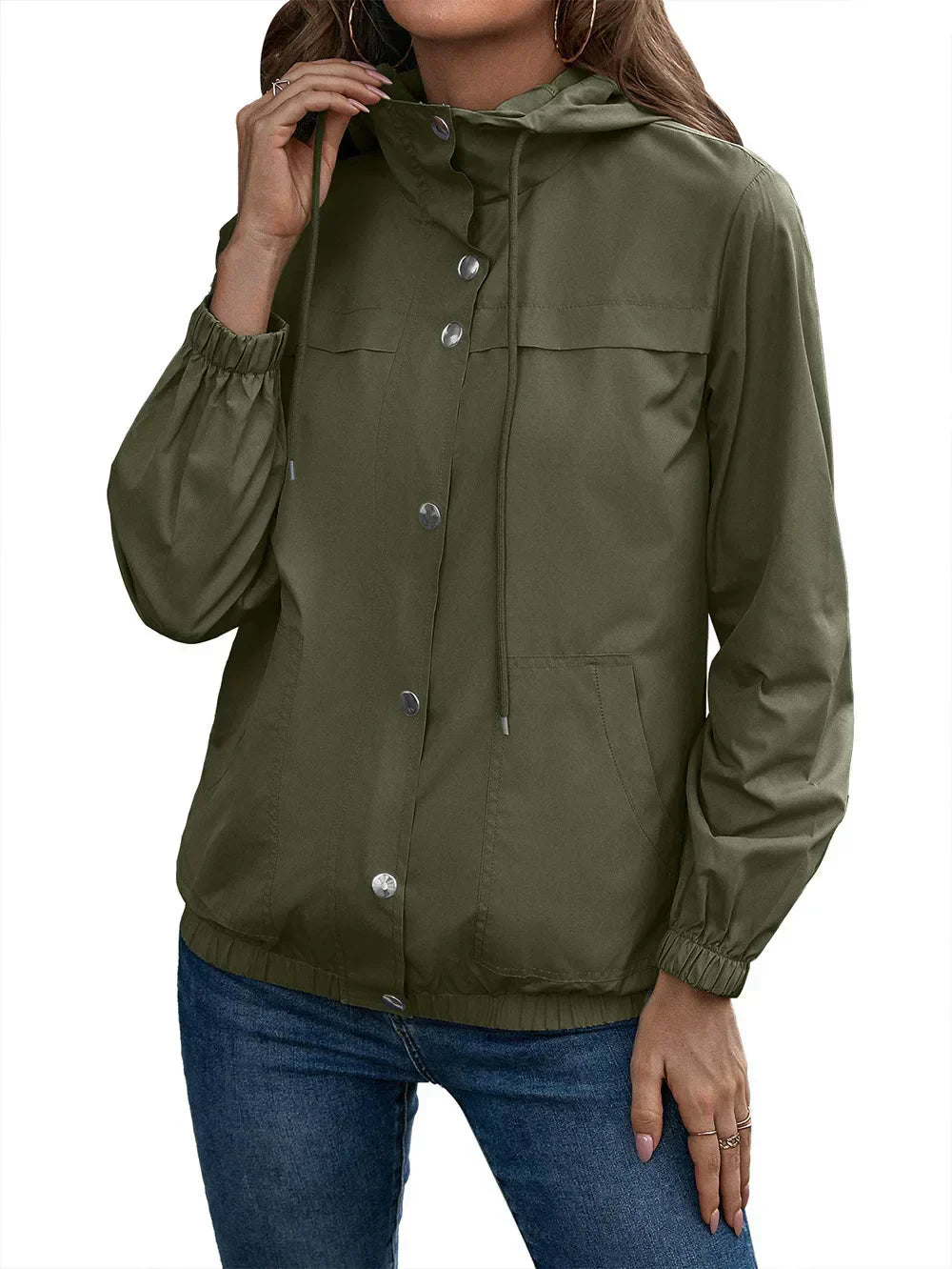 Women’s Trench Coat – Waterproof Hooded – Relaxed Fit – Elastic Cuffs – Snap Closure