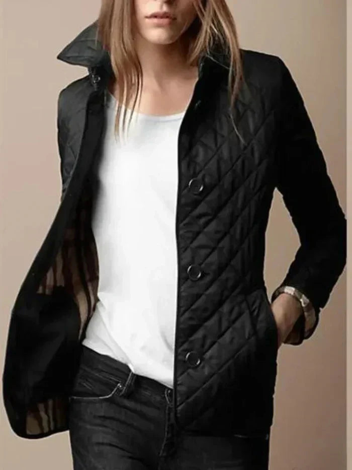 Women’s Quilted Jacket – Diamond Pattern – High Collar – Button Closure – Tailored Fit