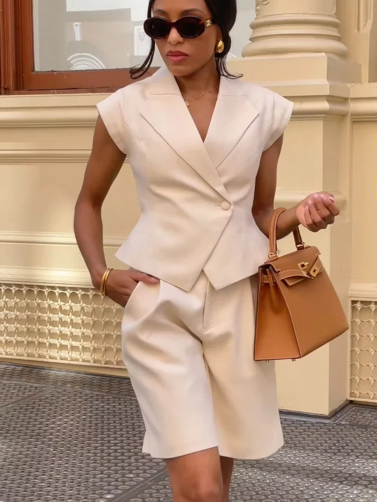 Women’s Suit Set – Tailored V-Neck Top – High Waist – Wide Leg Pleated Pants – Silk Blend