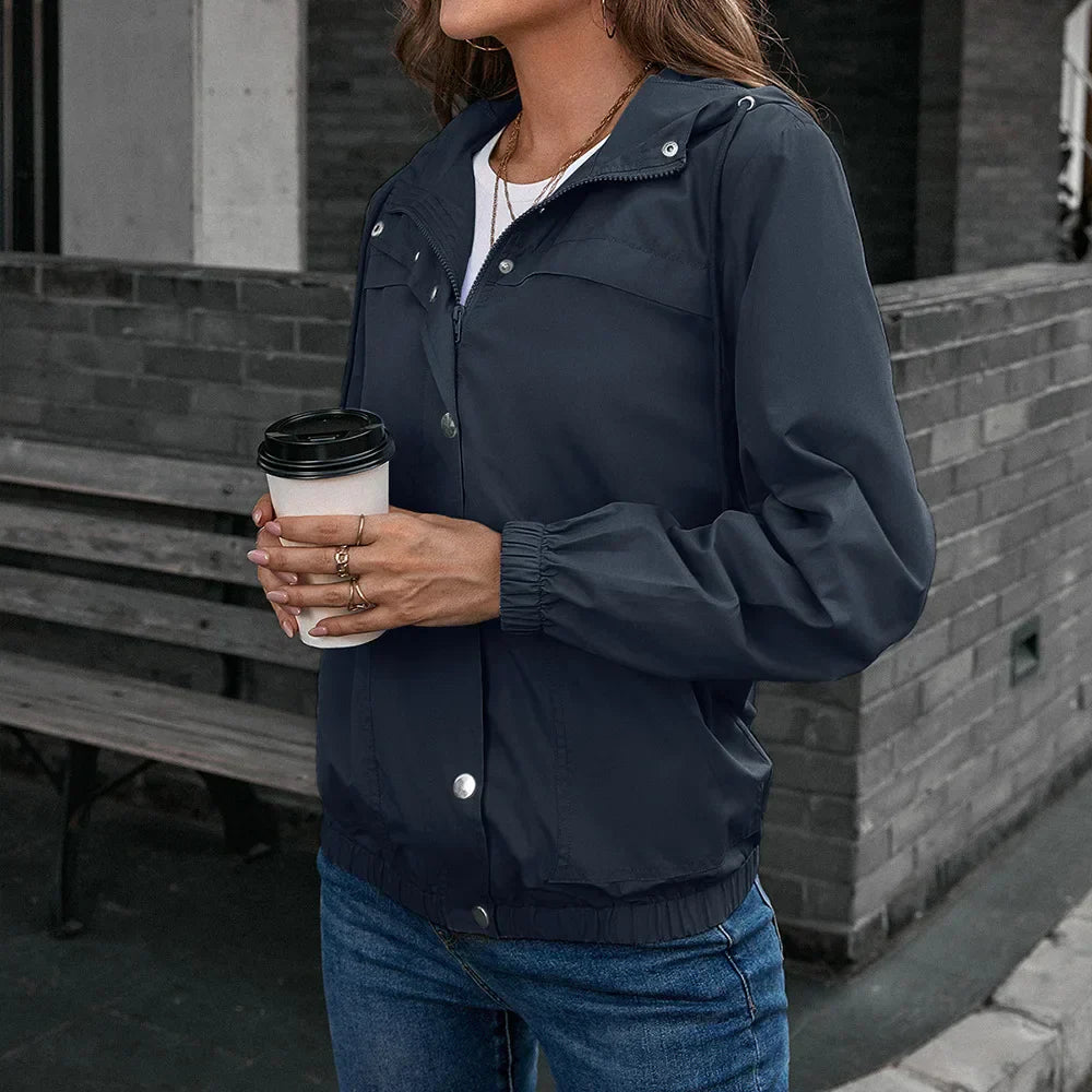 Women’s Trench Coat – Waterproof Hooded – Relaxed Fit – Elastic Cuffs – Snap Closure