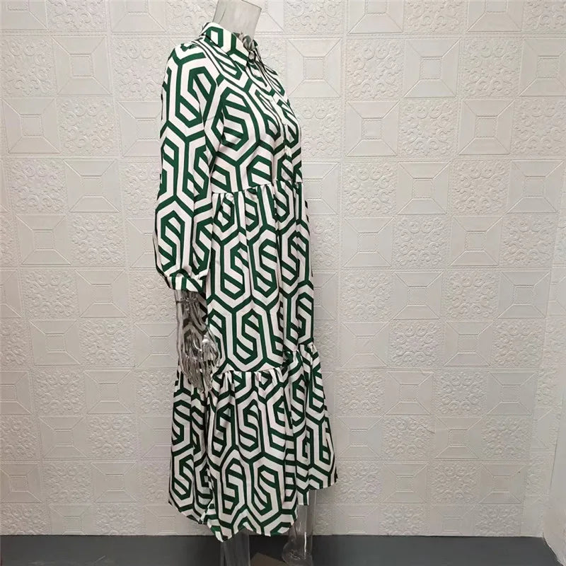 Women’s Midi Dress – Relaxed Fit – Tiered Silhouette – Geometric Print – Cotton Feel