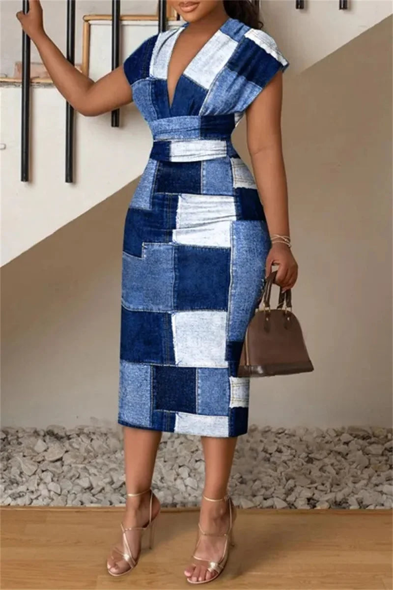 Women's Midi Dress - Bodycon Fit - V-Neck Wrap Style - Cap Sleeve Elegant Design