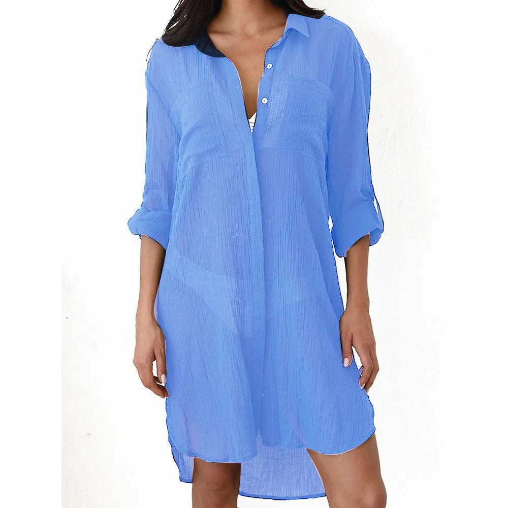 Women’s Cover-Up Dress – Relaxed Fit – Semi-Sheer – Button-Down – Breathable Blend