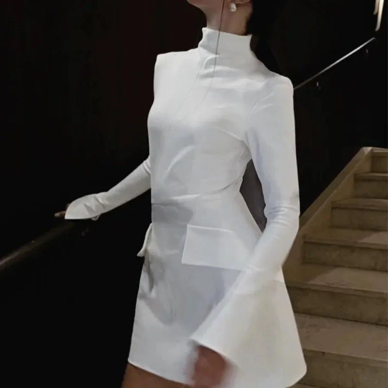 Women's Bodycon Mini Dress - Long Sleeve - High Neck - Figure-Hugging Elegant Fit