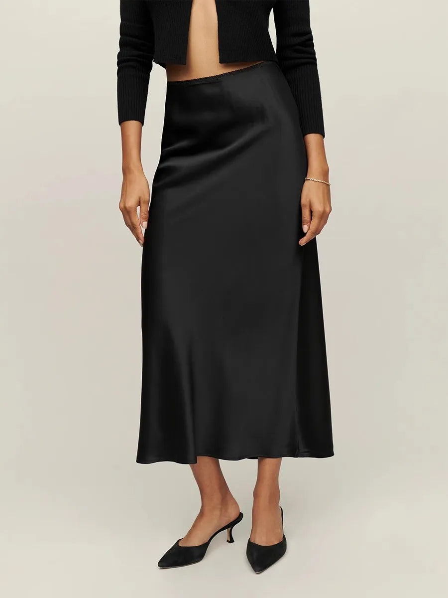 Women’s Midi Skirt – Satin Look – Fitted Silhouette – Minimalist Elegant Style