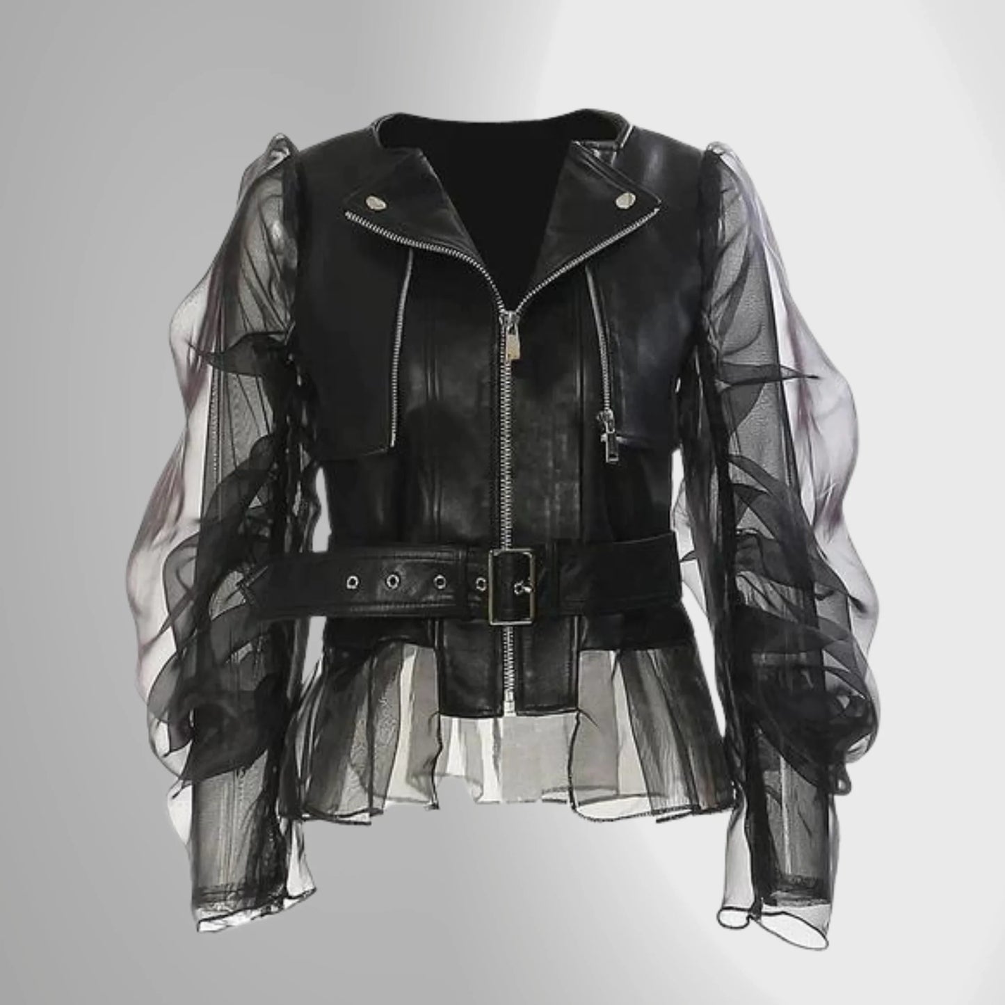 Women’s Leather Jacket – Tailored Fit – Sheer Puff Sleeves – Belted Waist – Studded Lapels