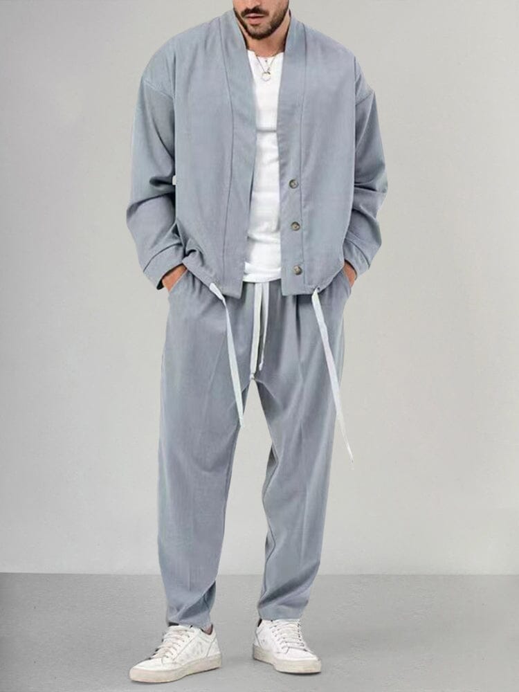 Men’s Lounge Set – Relaxed Fit Shawl Collar Top – Tapered Drawstring Pants – Soft Knit