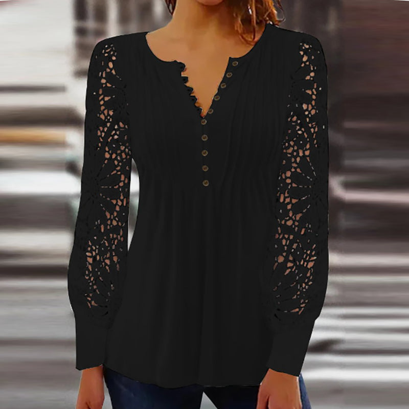 Women’s Blouse – Relaxed Fit – Lace Sleeves – Scalloped V-Neck – Knit Body