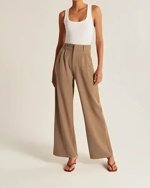Women’s Wide-Leg Trousers – High Waist – Wool Blend – Pleated Front – Full Length