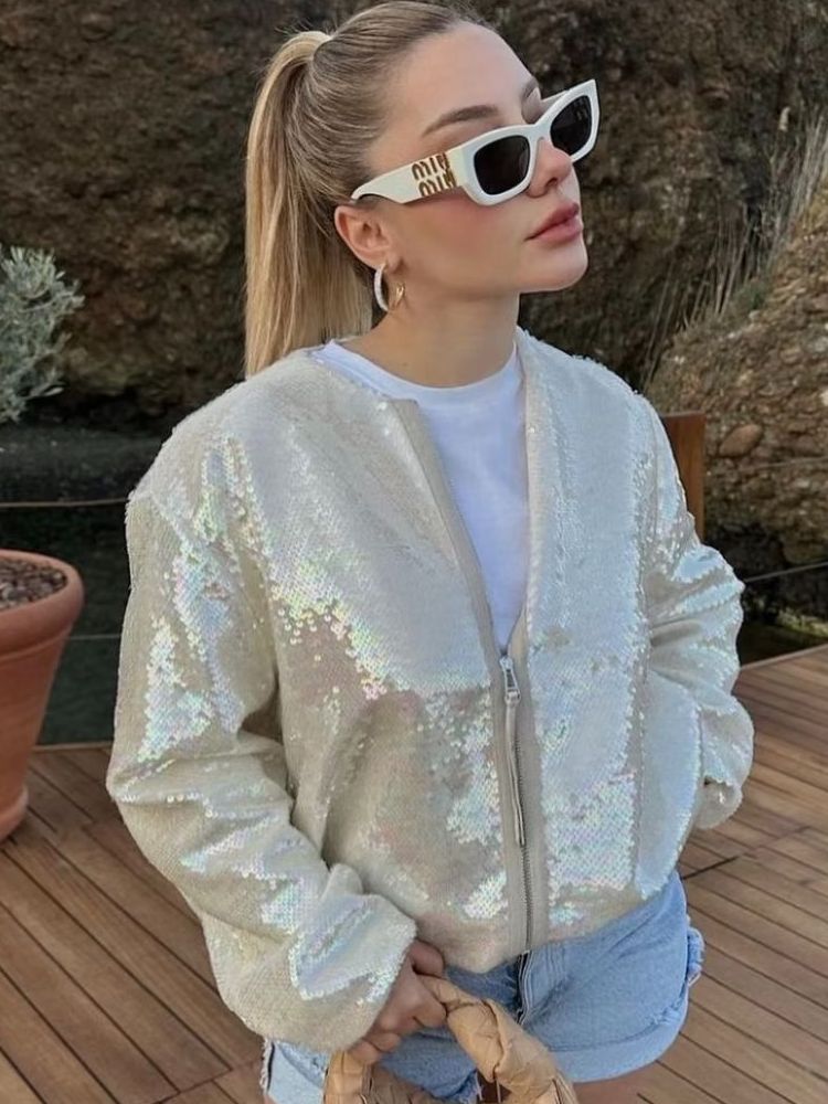 Women’s Bomber Jacket – Sequin Embellished – Relaxed Fit – Ribbed Trim – Zip Closure