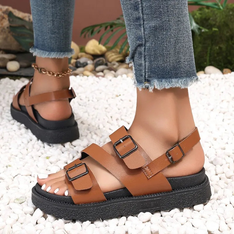 Women’s Sandals – Flat Sole – Open Toe – Adjustable Buckle Straps – Casual Fit