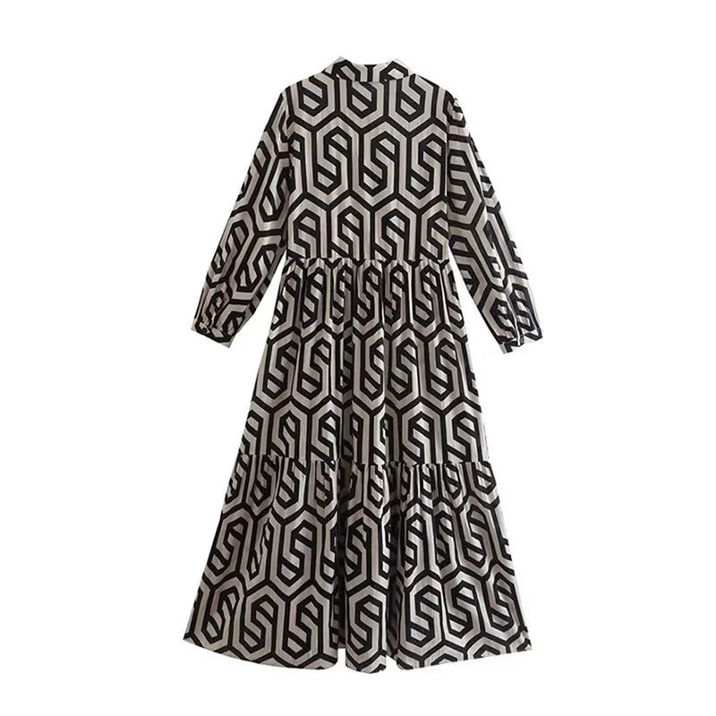 Women’s Midi Dress – Relaxed Fit – Tiered Silhouette – Geometric Print – Cotton Feel