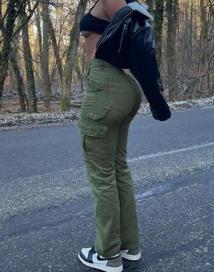 Women’s Cargo Pants - High Waisted - Cotton Blend - Utility Pockets - Relaxed Fit
