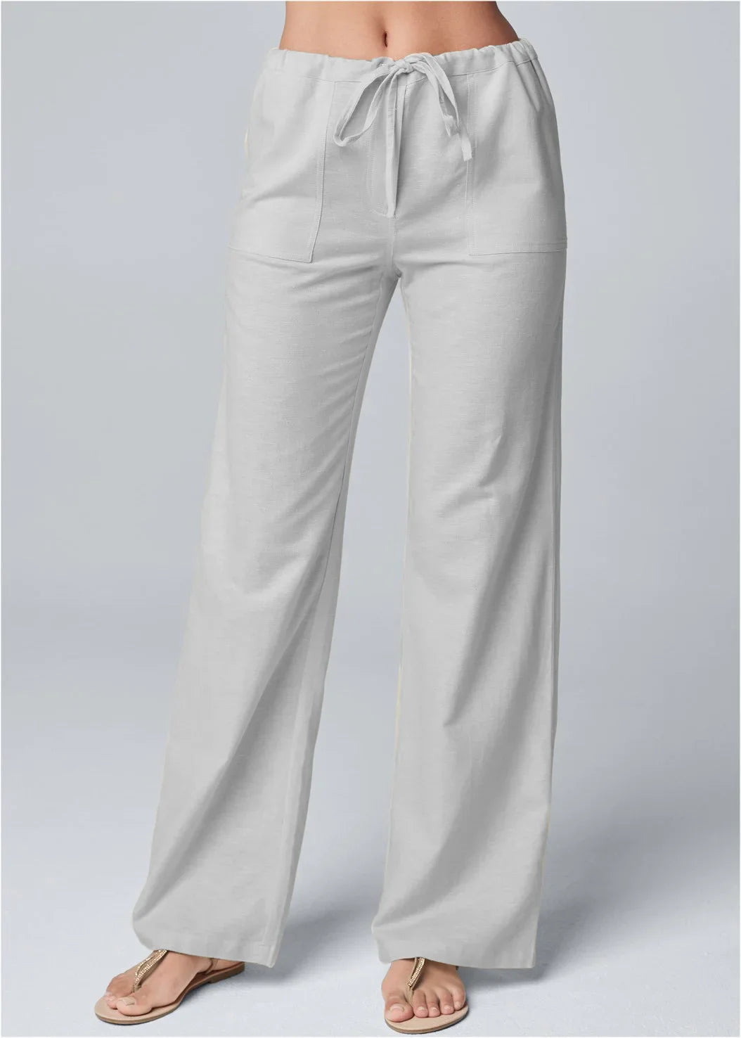 Women’s Wide-Leg Trousers – Cotton Linen Blend – High Waist – Elastic Drawstring Waistband