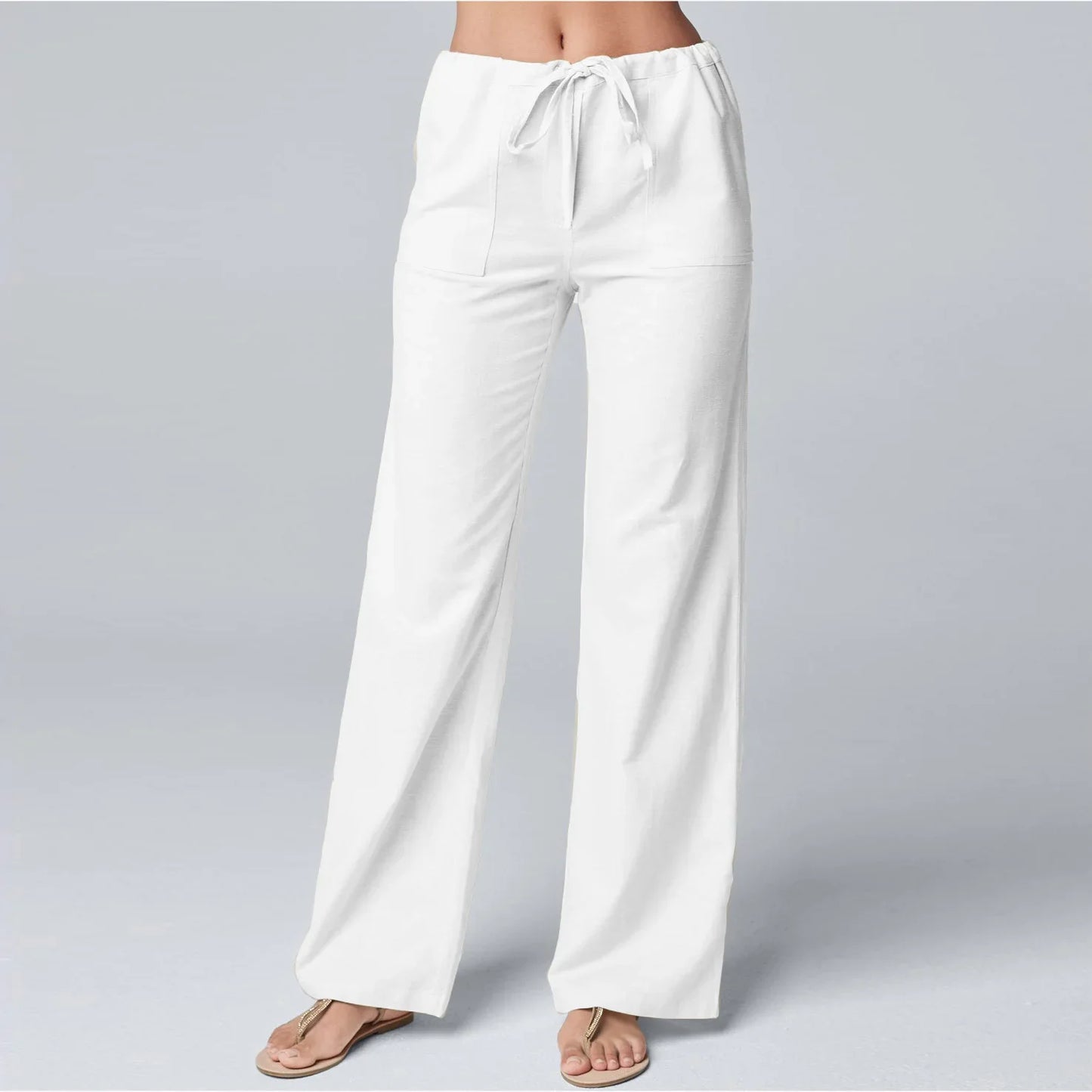 Women’s Wide-Leg Trousers – Cotton Linen Blend – High Waist – Elastic Drawstring Waistband