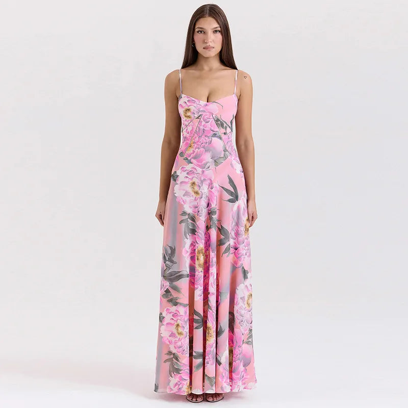 Women's Maxi Dress - Floral Print - Spaghetti Strap - Flowy Elegant Fit