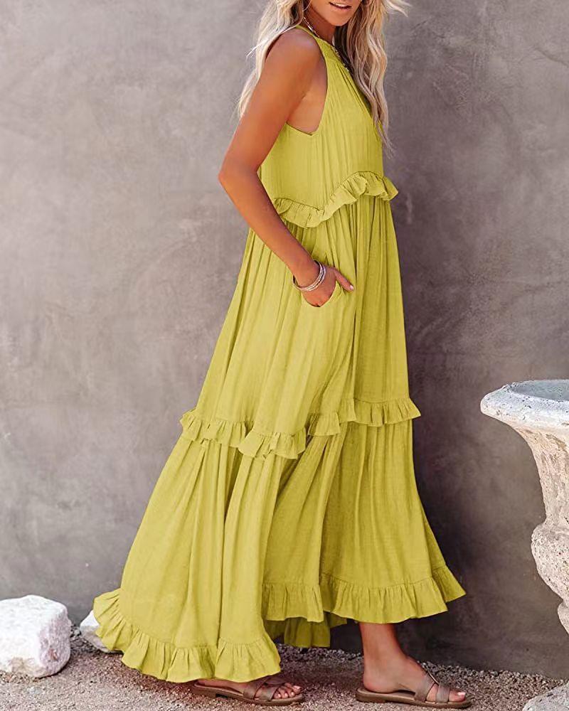 Women's Maxi Dress - Halter Neck - Sleeveless Flowy Fit - Ruffle Detail Elegant Casual Wear