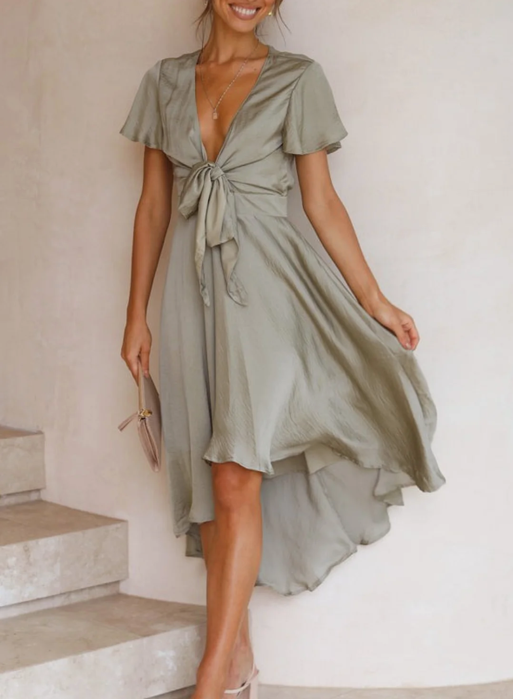 Women's Midi Dress - Flowy High-Low Hem - Plunging V-Neck Bow Front - Flutter Sleeve Elegant Fit