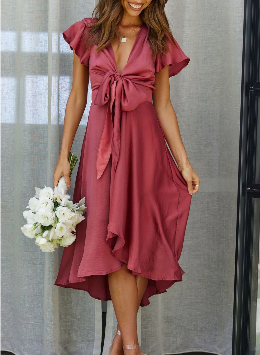 Women's Midi Dress - Flowy High-Low Hem - Plunging V-Neck Bow Front - Flutter Sleeve Elegant Fit