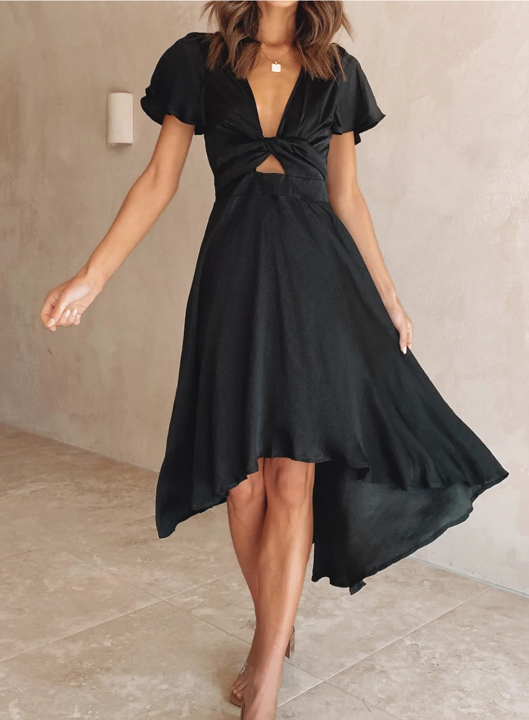 Women's Midi Dress - Flowy High-Low Hem - Plunging V-Neck Bow Front - Flutter Sleeve Elegant Fit