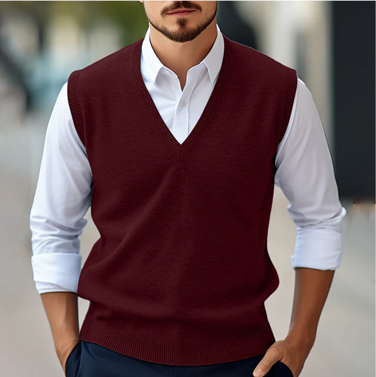 Men’s Sleeveless V-Neck Sweater – Fine Knit – Classic Fit – Ribbed Trim – Versatile Layer