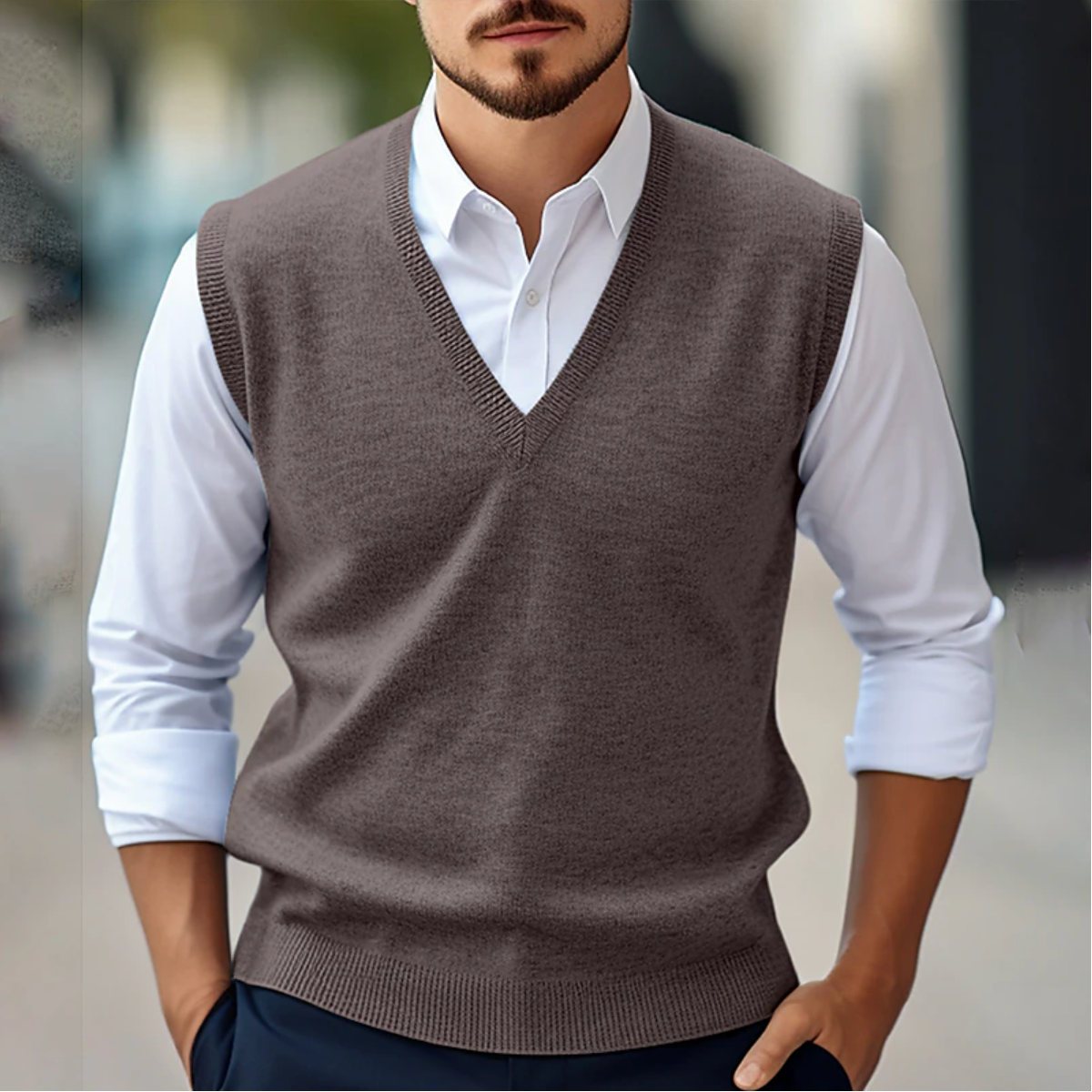 Men’s Sleeveless V-Neck Sweater – Fine Knit – Classic Fit – Ribbed Trim – Versatile Layer