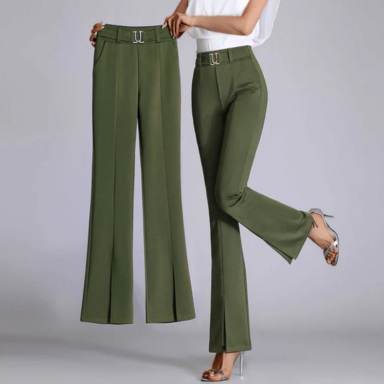Women’s Trousers – High Waist – Tailored Fit – Wide Leg – Belted with Front Crease