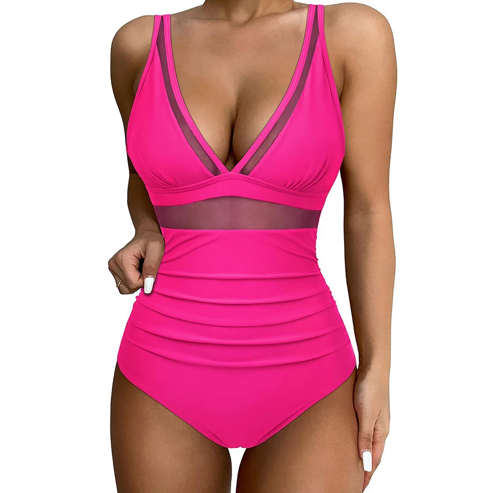 Women’s One-Piece Swimsuit – Sculpting Fit – Mesh Panels – High-Cut Leg – Supportive Straps