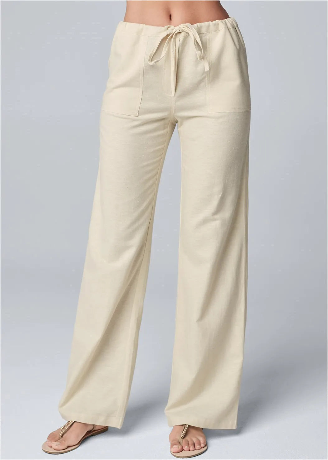 Women’s Wide-Leg Trousers – Cotton Linen Blend – High Waist – Elastic Drawstring Waistband