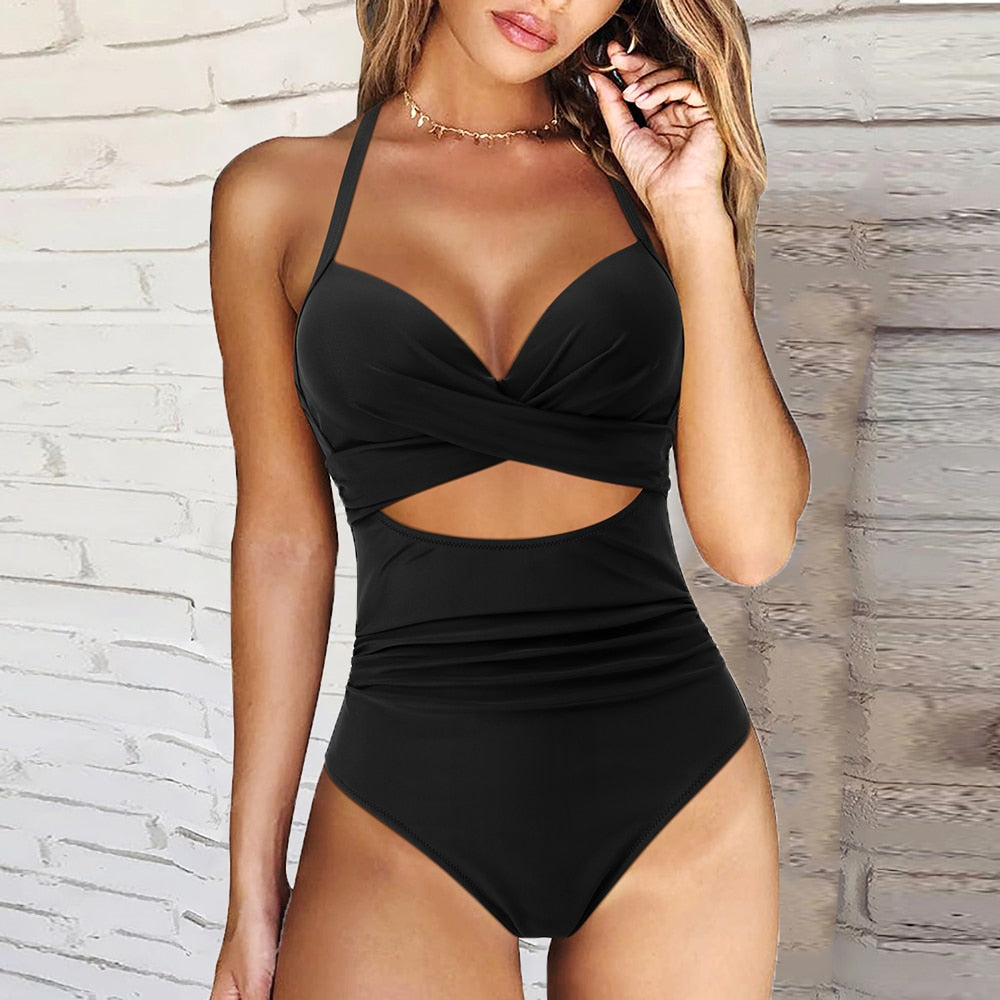 Women’s One-Piece Swimsuit – Push-Up Halter – High Waist – Cut-Out – Stretch Fit
