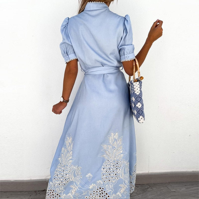 Women's Midi Shirt Dress - Button-Down Collar - Puff Sleeve with Tie Belt - Embroidered Lace