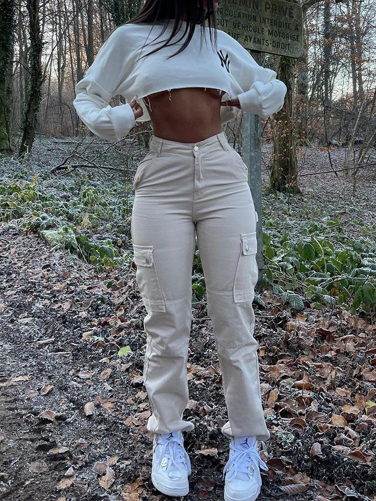 Women’s Cargo Pants - High Waisted - Cotton Blend - Utility Pockets - Relaxed Fit
