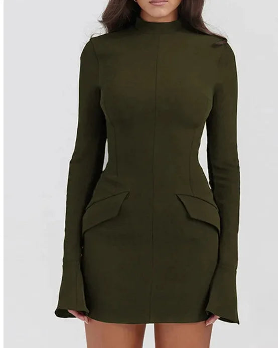 Women's Bodycon Mini Dress - Long Sleeve - High Neck - Figure-Hugging Elegant Fit