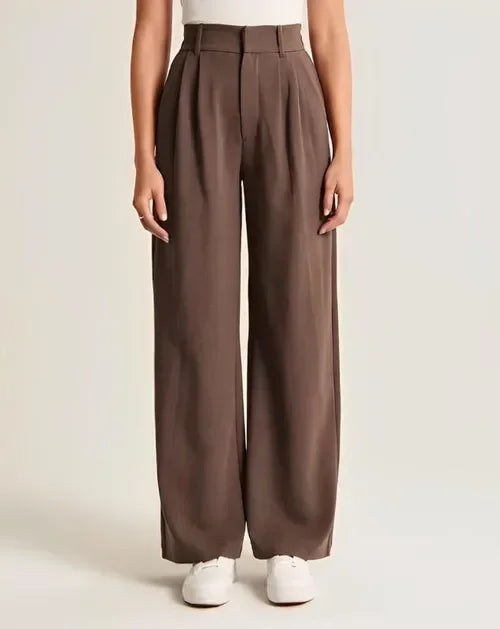 Women’s Wide-Leg Trousers – High Waist – Wool Blend – Pleated Front – Full Length