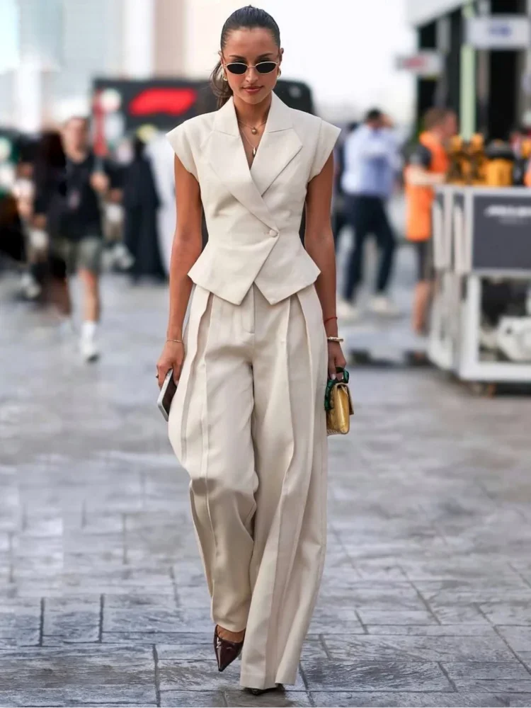 Women’s Suit Set – Tailored V-Neck Top – High Waist – Wide Leg Pleated Pants – Silk Blend