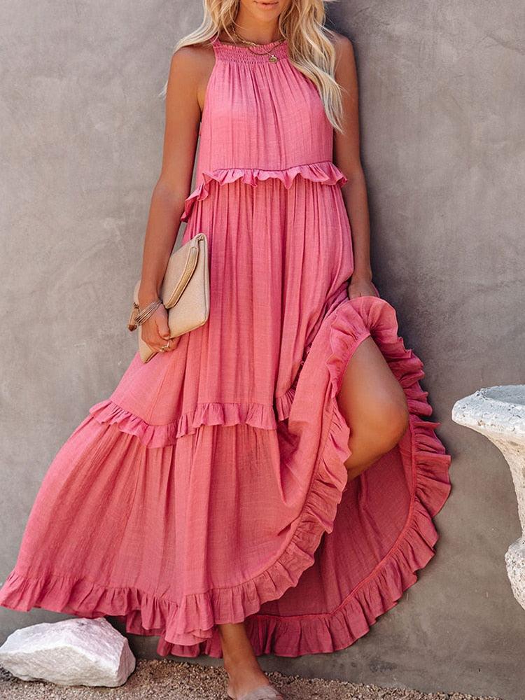 Women's Maxi Dress - Halter Neck - Sleeveless Flowy Fit - Ruffle Detail Elegant Casual Wear