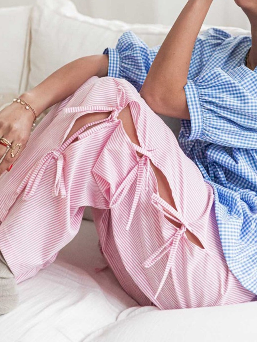 Women’s Wide Leg Trousers – 100% Cotton – Relaxed Fit – Checkered – Elastic Waist – Side Ties