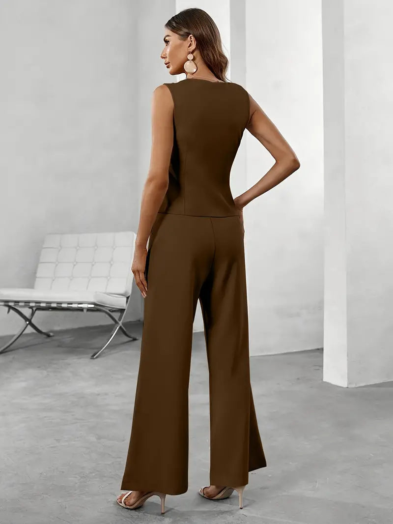 Women’s Tailored Vest & Pants Set – Fitted Silhouette – Cotton Blend – Hip Length – Wide Leg