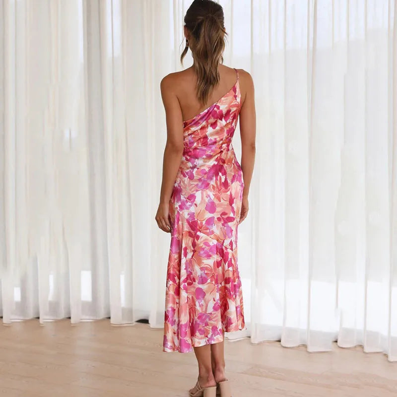 Women’s Midi Dress – Slim Fit – Satin Draped One-Shoulder – Formal Occasion Wear