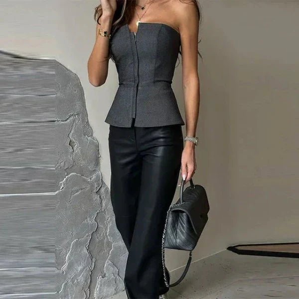 Women’s Strapless Top – Fitted Bodice – Front Zip – Peplum Hem – Sleek Finish