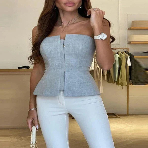 Women’s Strapless Top – Fitted Bodice – Front Zip – Peplum Hem – Sleek Finish