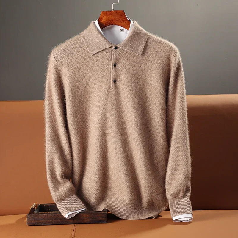 Men’s Polo Sweater – Wool – Relaxed Fit – Long Sleeve – Ribbed Hem & Cuffs