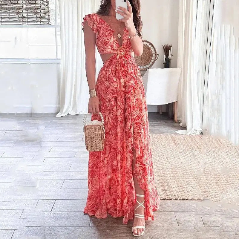 Women's Maxi Dress - V-Neck Ruffle Sleeve - Cut-Out Waist - Flowy Bohemian Print