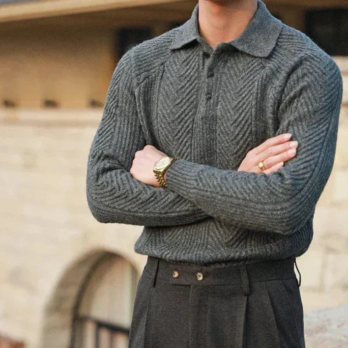 Men’s Knitted Sweater – Slim Fit – Cable Knit – Polo Collar – Long Sleeve Wool Blend