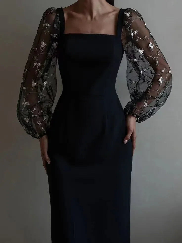 Women’s Midi Dress – Slim Fit – Embroidered Sheer Sleeves – Square Neck – Formal Wear