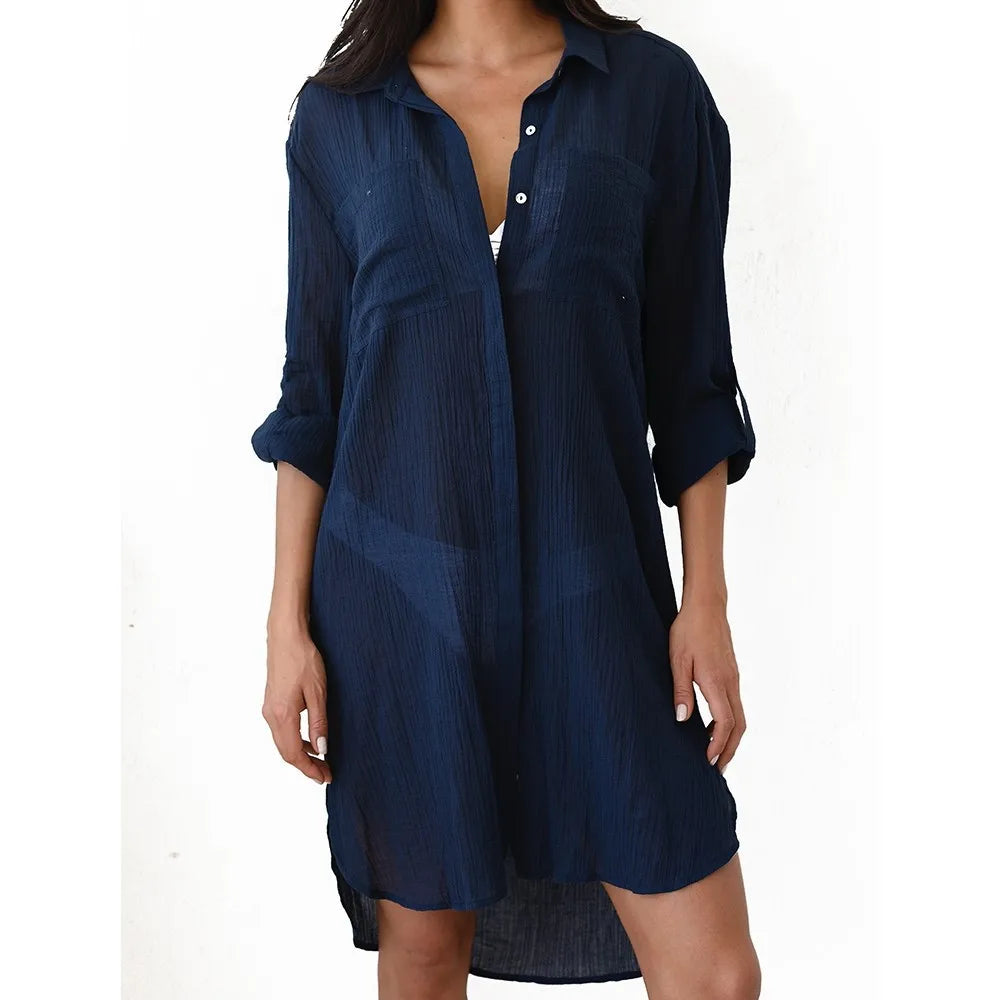 Women’s Cover-Up Dress – Relaxed Fit – Semi-Sheer – Button-Down – Breathable Blend